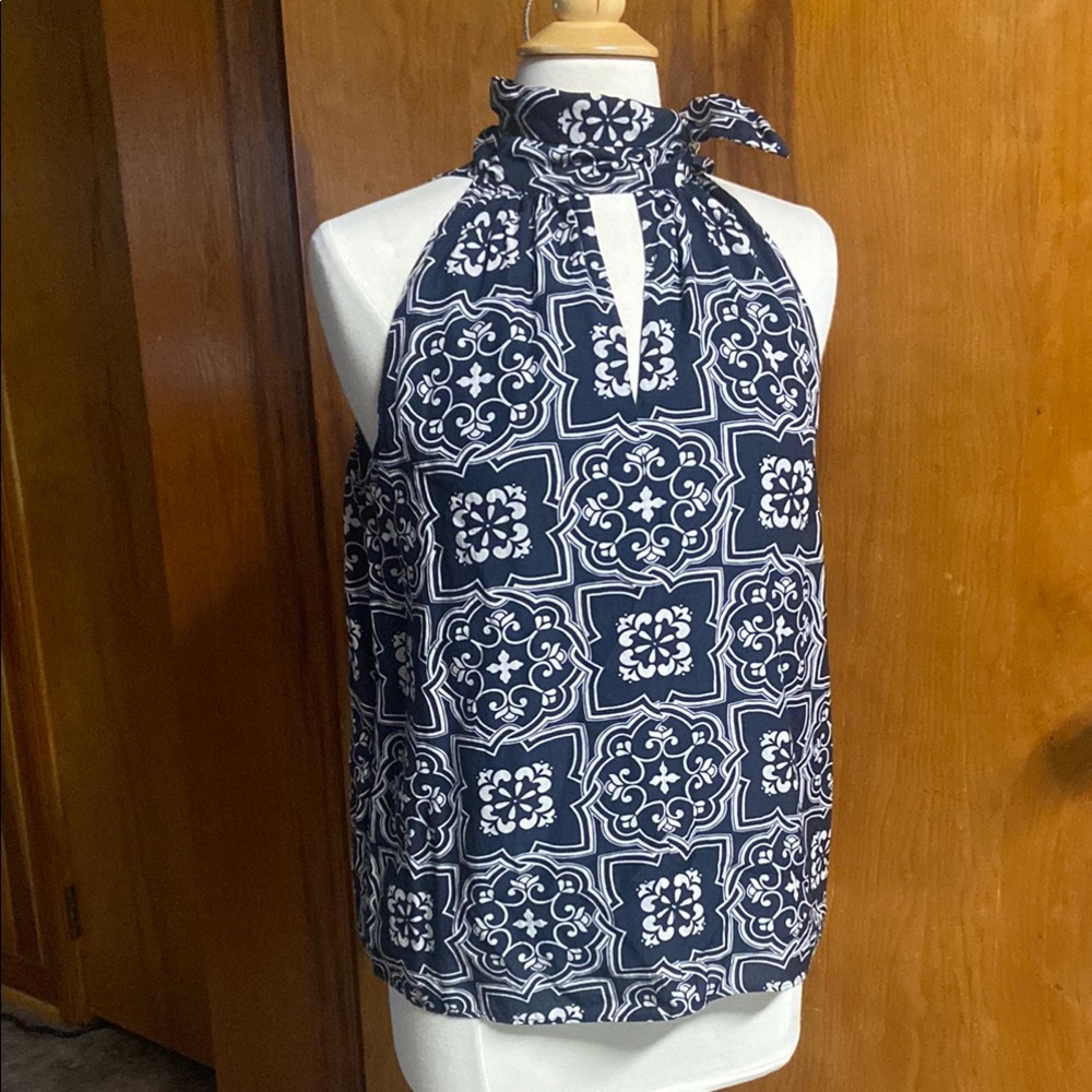 Ann Taylor Navy and White Halter Blouse MED